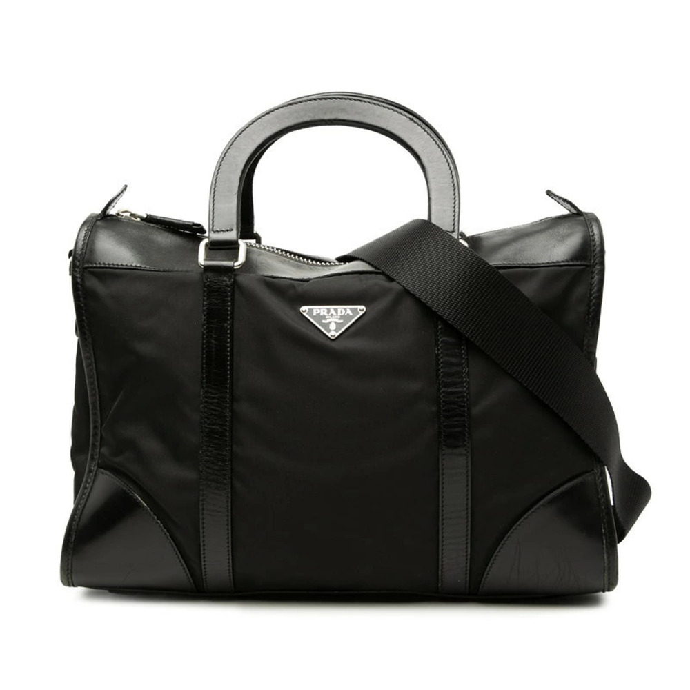 Prada Triangle Plate 2way Shoulder Bag Black Leather